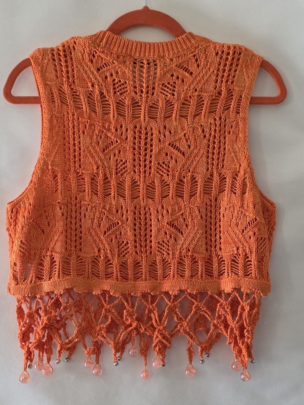 Zara Crochet Knit‎ Crop Top Size L Fringe Tassel Hem Beaded Orange Festival Boho - Picture 5 of 11